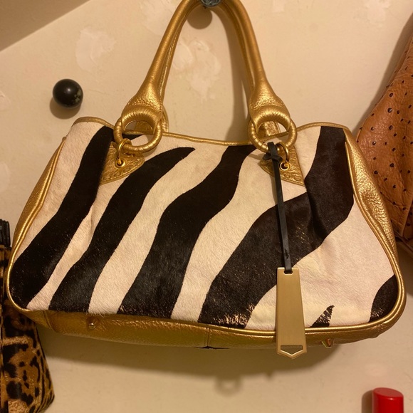 NOT FOR SALE- BEVERLY FELDMAN GOLD AND ZEBRA PRINT CALF HAIR LEATHER BAG - Picture 11 of 14